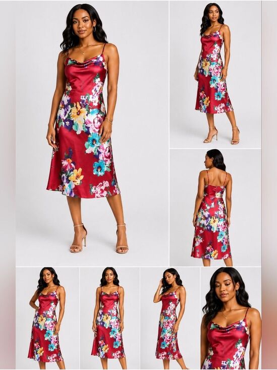 Umgee Dresses & Skirts - UMGEE | Raspberry Mix (Red) Floral Print Sleeveless Cowl Neck Midi Slip Dress